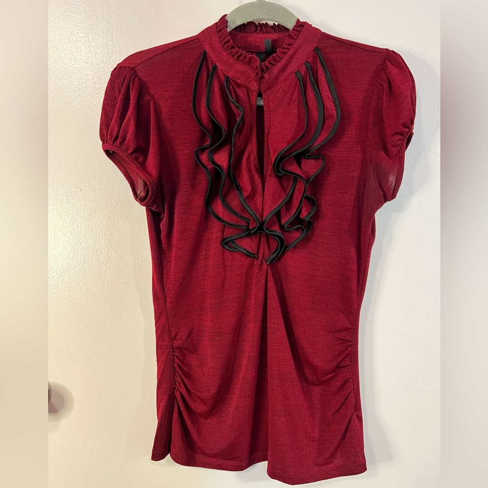 Elegant Burgundy Red Peek-a-Boo Neckline Top with Black Ruffle Accents